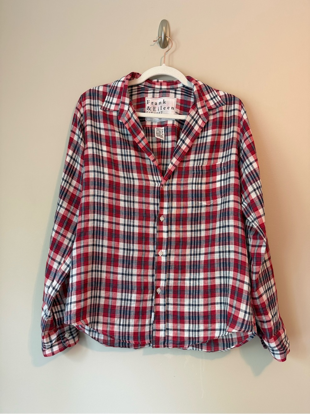 Frank & Eileen “Barry” Red Plaid Linen Button-Up Shirt Sz M NWOT